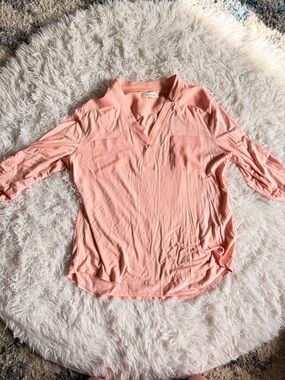 Calvin Klein Coral Pink V-Neck Roll-Tab Sleeve Blouse